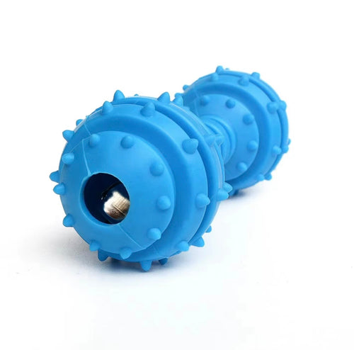 blue, studded rubber dog chew toys designed in a dumbbell shape for puppy teething.