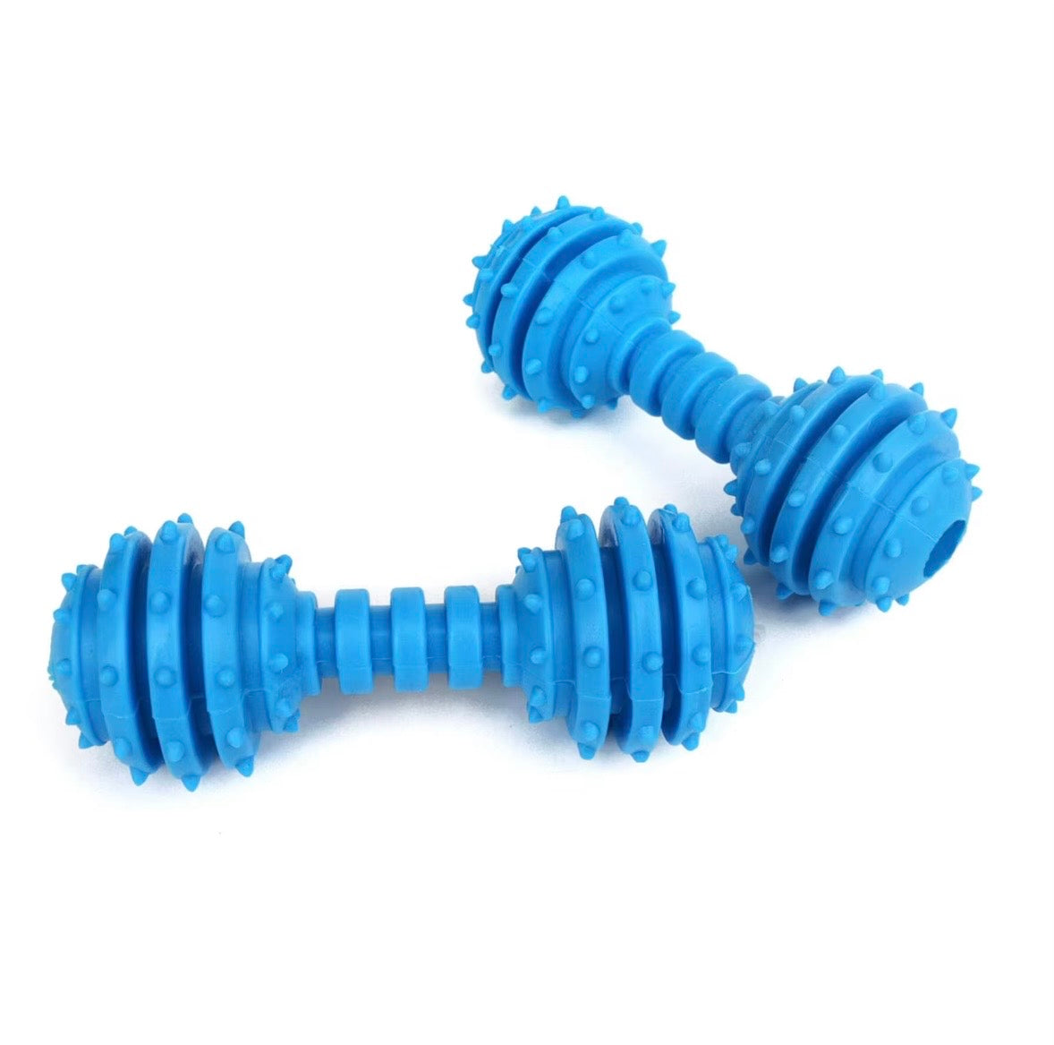 blue, studded rubber dog chew toys designed in a dumbbell shape for puppy teething.