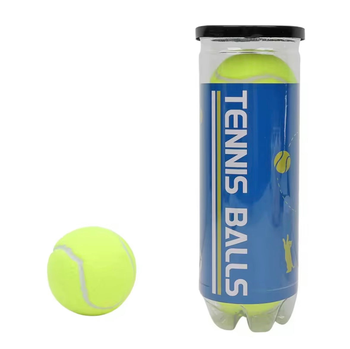 standard, unbranded neon yellow tennis balls packaged in a three-pack plastic canister