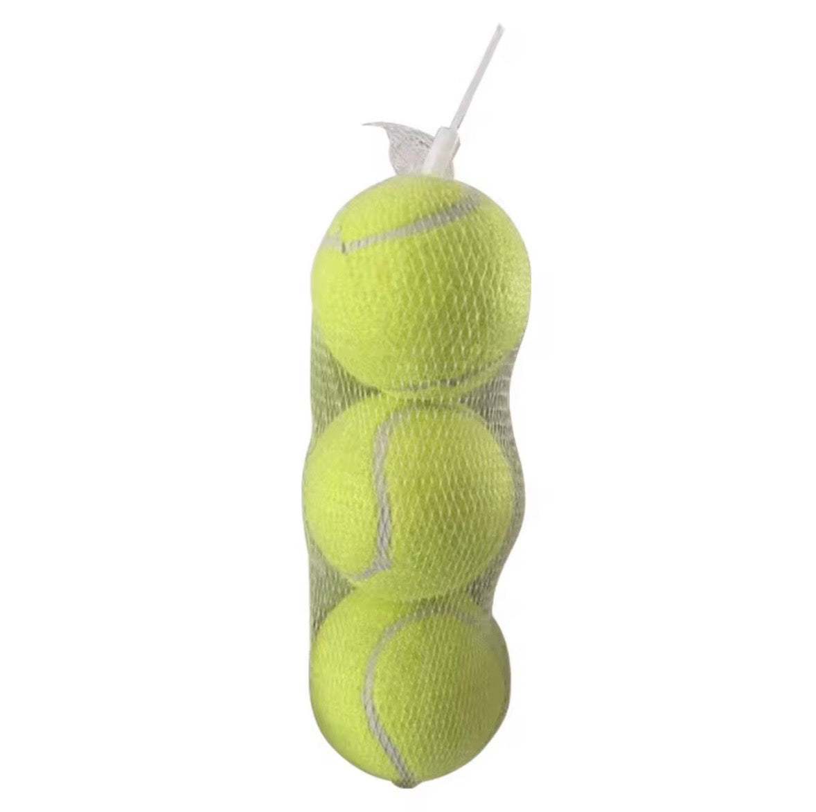 standard, unbranded neon yellow tennis balls packaged in a three-pack plastic canister