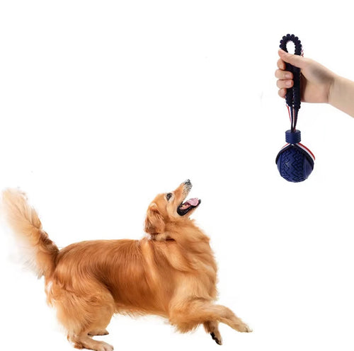 blue interactive dog toy featuring a textured ball on a red, white, and blue rope