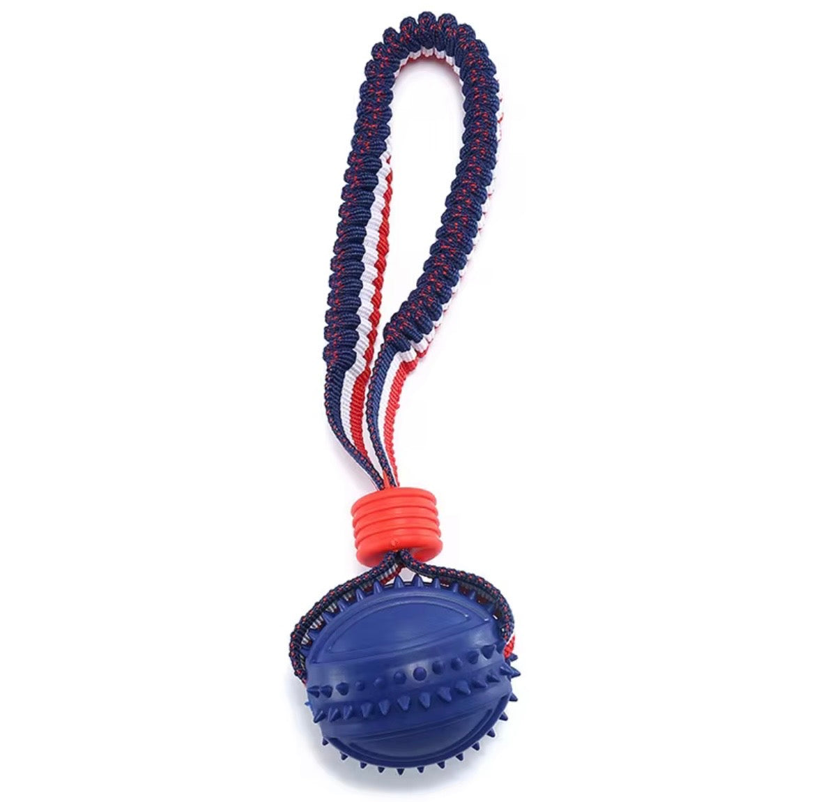 blue interactive dog toy featuring a textured ball on a red, white, and blue rope