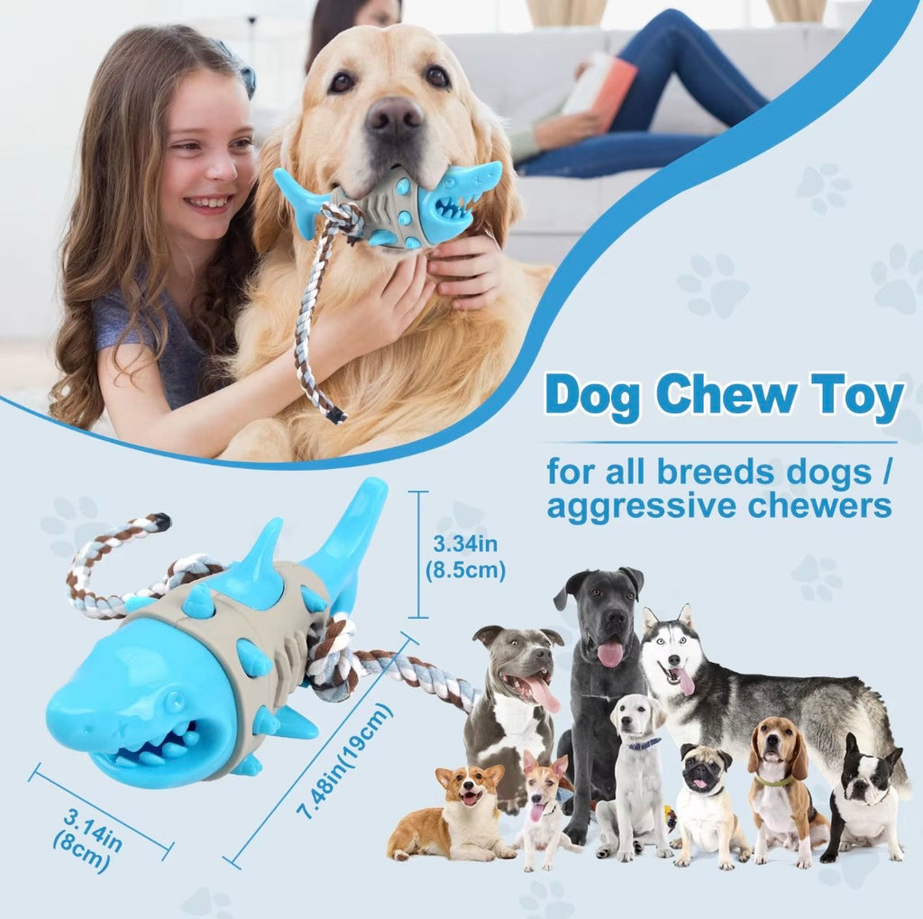 shark-shaped dog toy is designed to dispense treats and promote dental hygiene through chewing