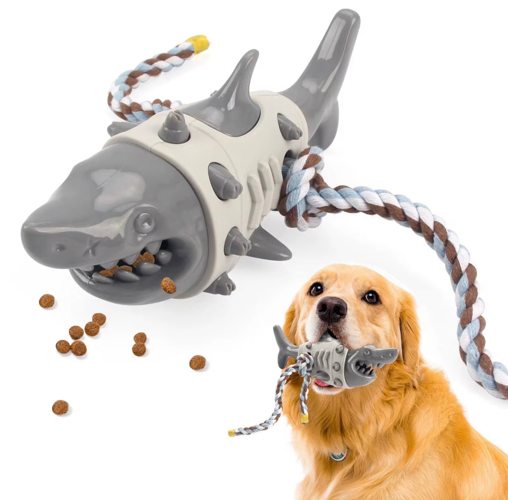 shark-shaped dog toy is designed to dispense treats and promote dental hygiene through chewing