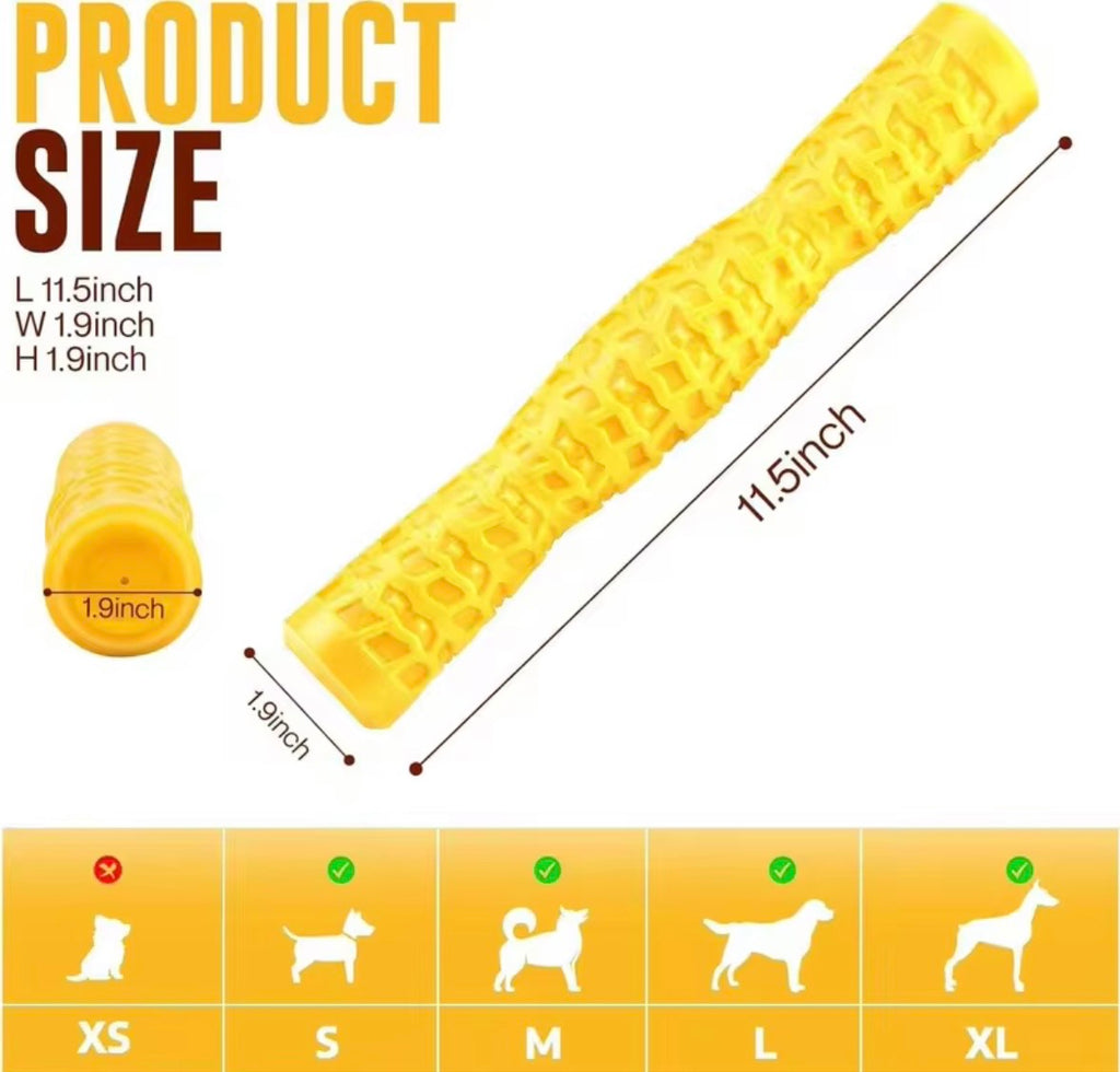 yellow rubber dog chew toys featuring a textured, tire-like surface pattern for dental health.