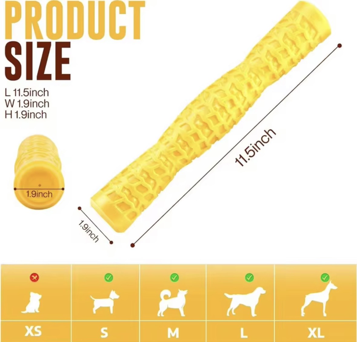 yellow rubber dog chew toys featuring a textured, tire-like surface pattern for dental health.