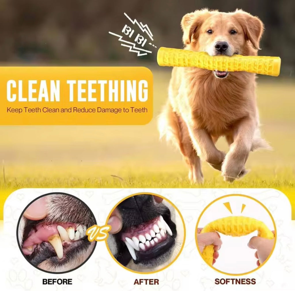 yellow rubber dog chew toys featuring a textured, tire-like surface pattern for dental health.