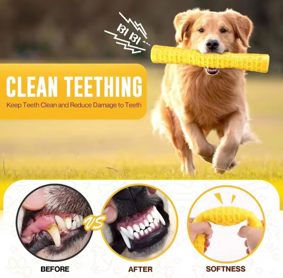 yellow rubber dog chew toys featuring a textured, tire-like surface pattern for dental health.
