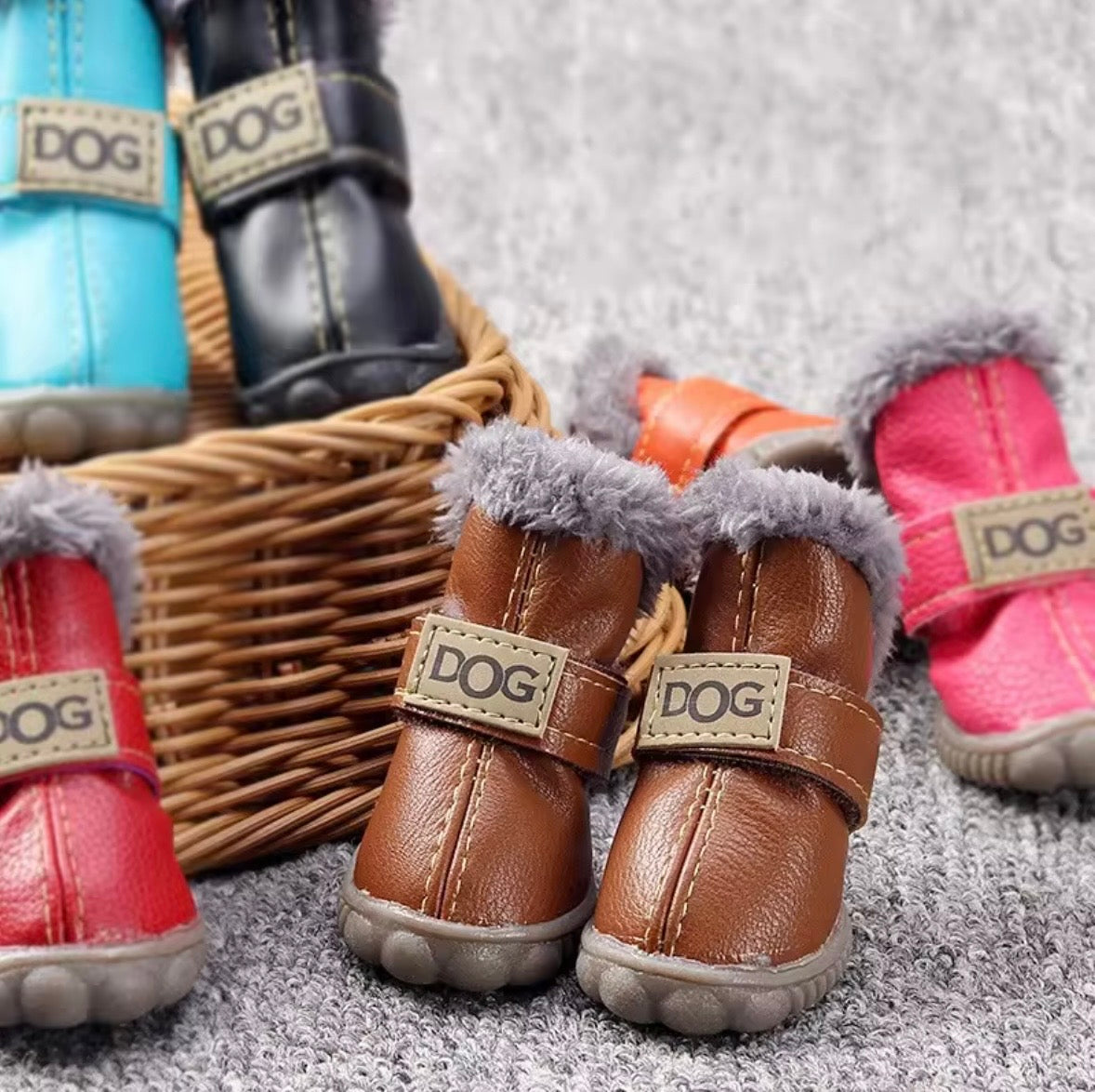 colorful, faux-fur lined dog boots with anti-slip soles designed to protect pet paws from extreme temperatures and harsh surfaces.