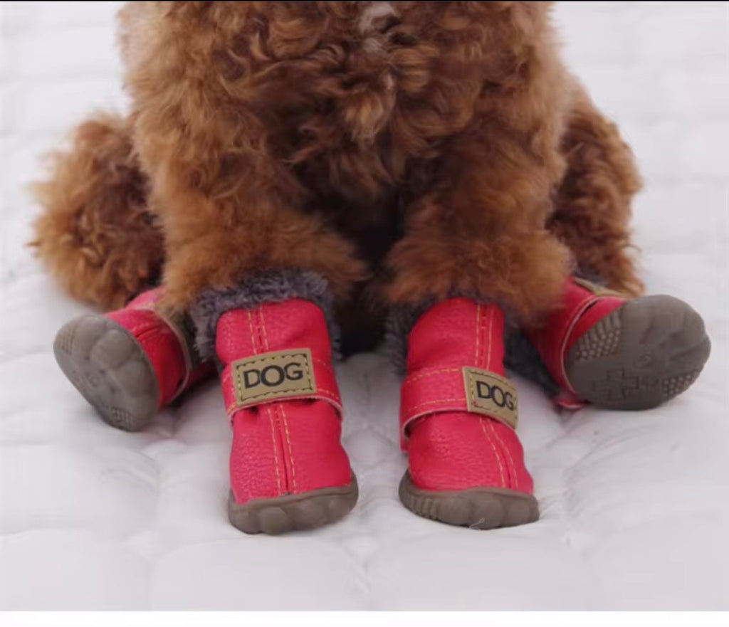 colorful, faux-fur lined dog boots with anti-slip soles designed to protect pet paws from extreme temperatures and harsh surfaces.