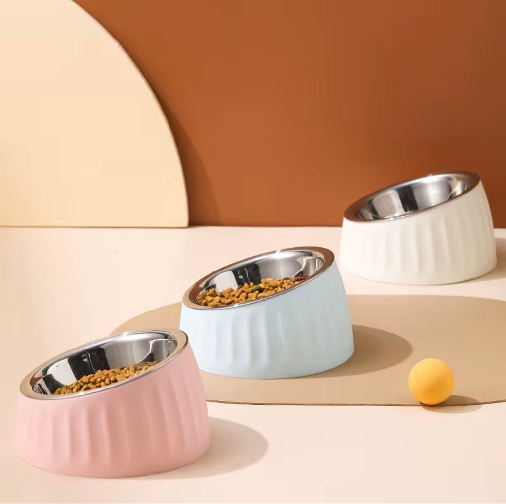 These are colorful stainless steel pet bowls with an elevated, tilted design.