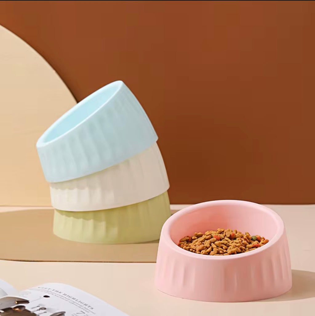 These are colorful stainless steel pet bowls with an elevated, tilted design.