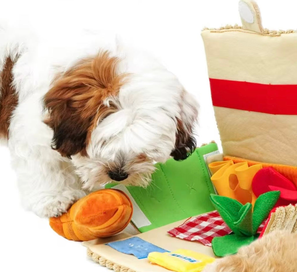 plush picnic basket nosework dog toy.
