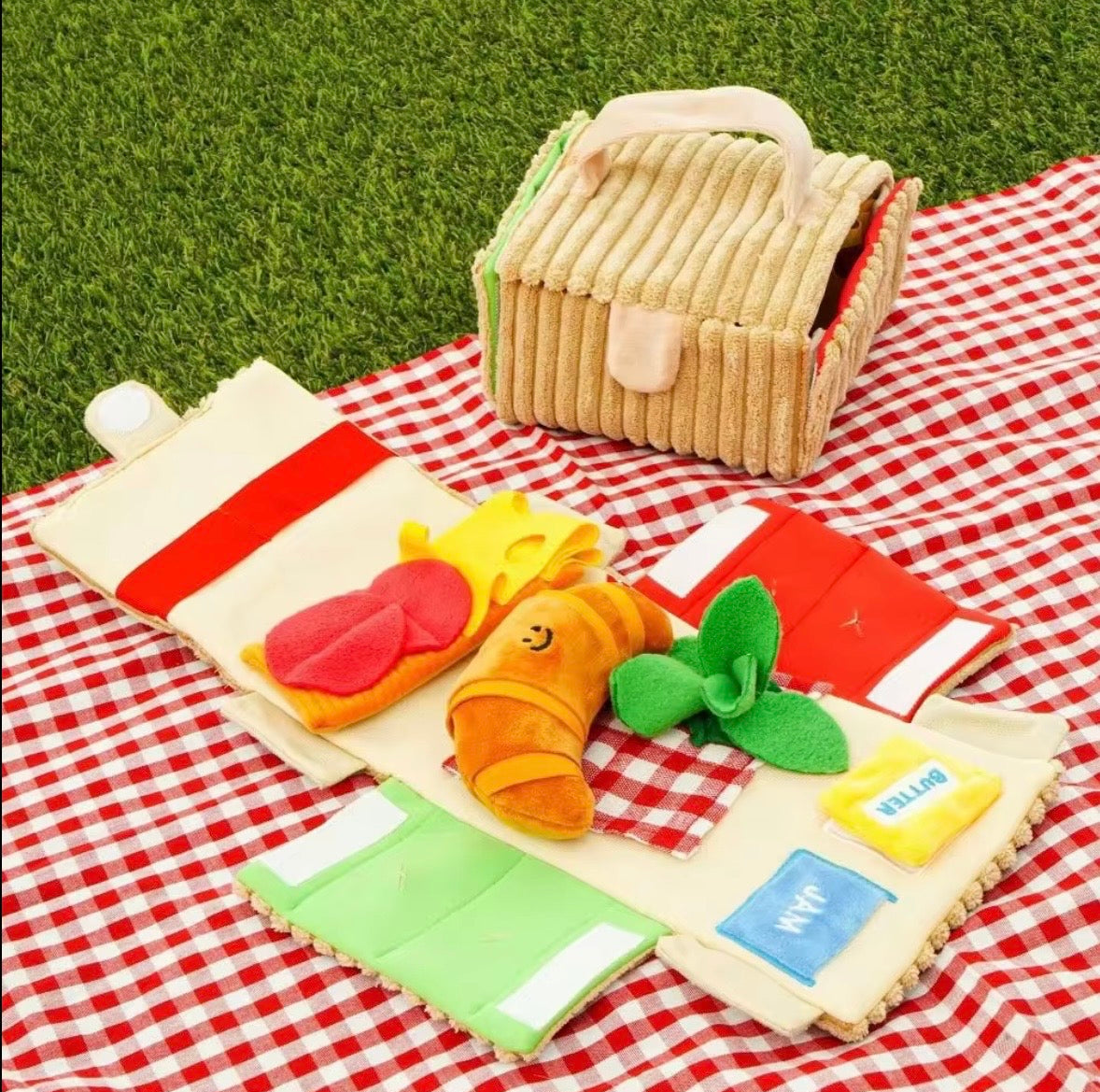 plush picnic basket nosework dog toy.