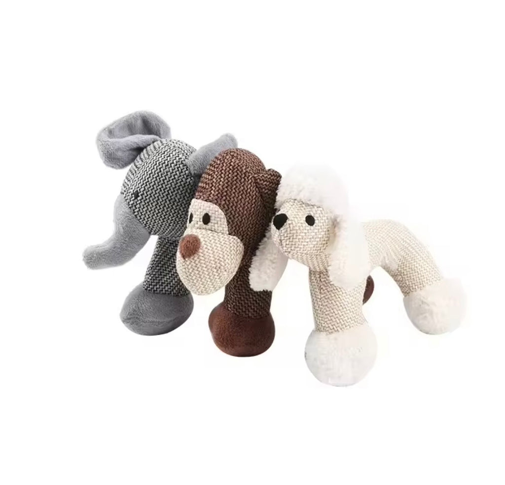 grey plush elephant squeaky dog toy made of textured, pet-safe fabric