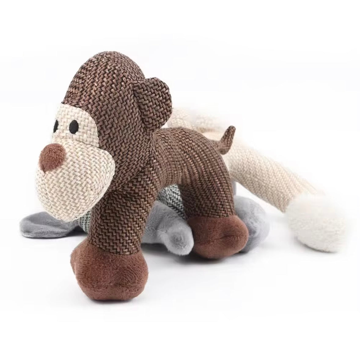 grey plush elephant squeaky dog toy made of textured, pet-safe fabric