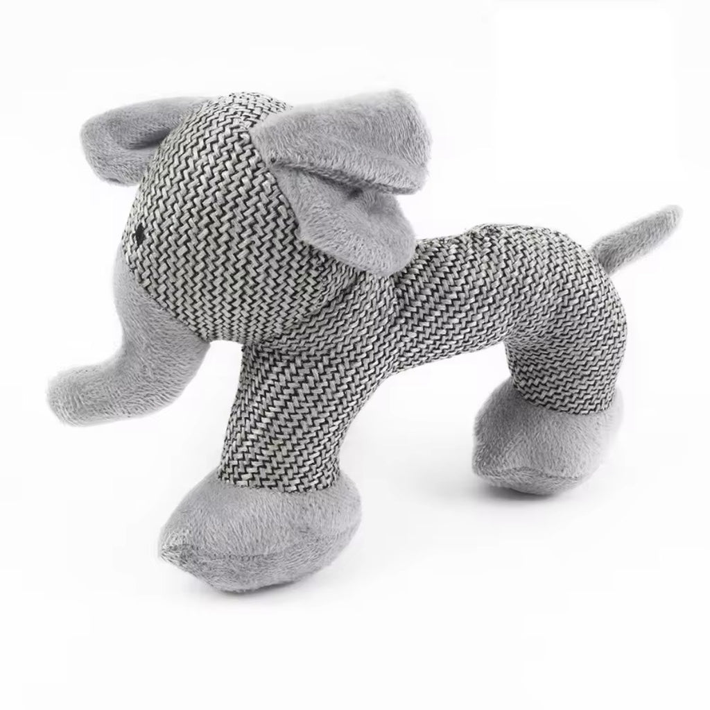 grey plush elephant squeaky dog toy made of textured, pet-safe fabric