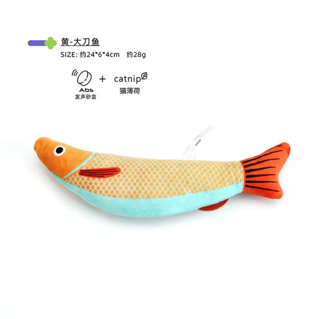 Pawtay catnip-filled plush toy shaped like a striped bass.