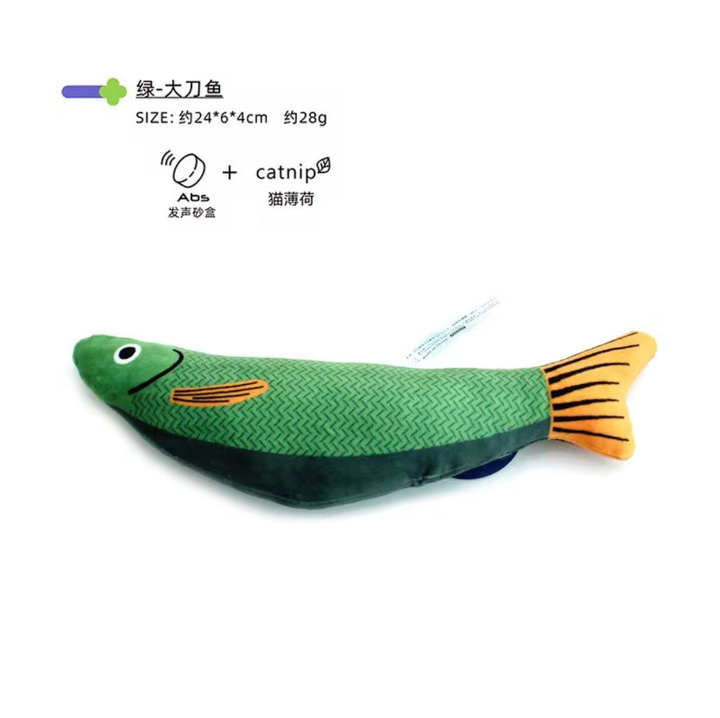 Pawtay catnip-filled plush toy shaped like a striped bass.
