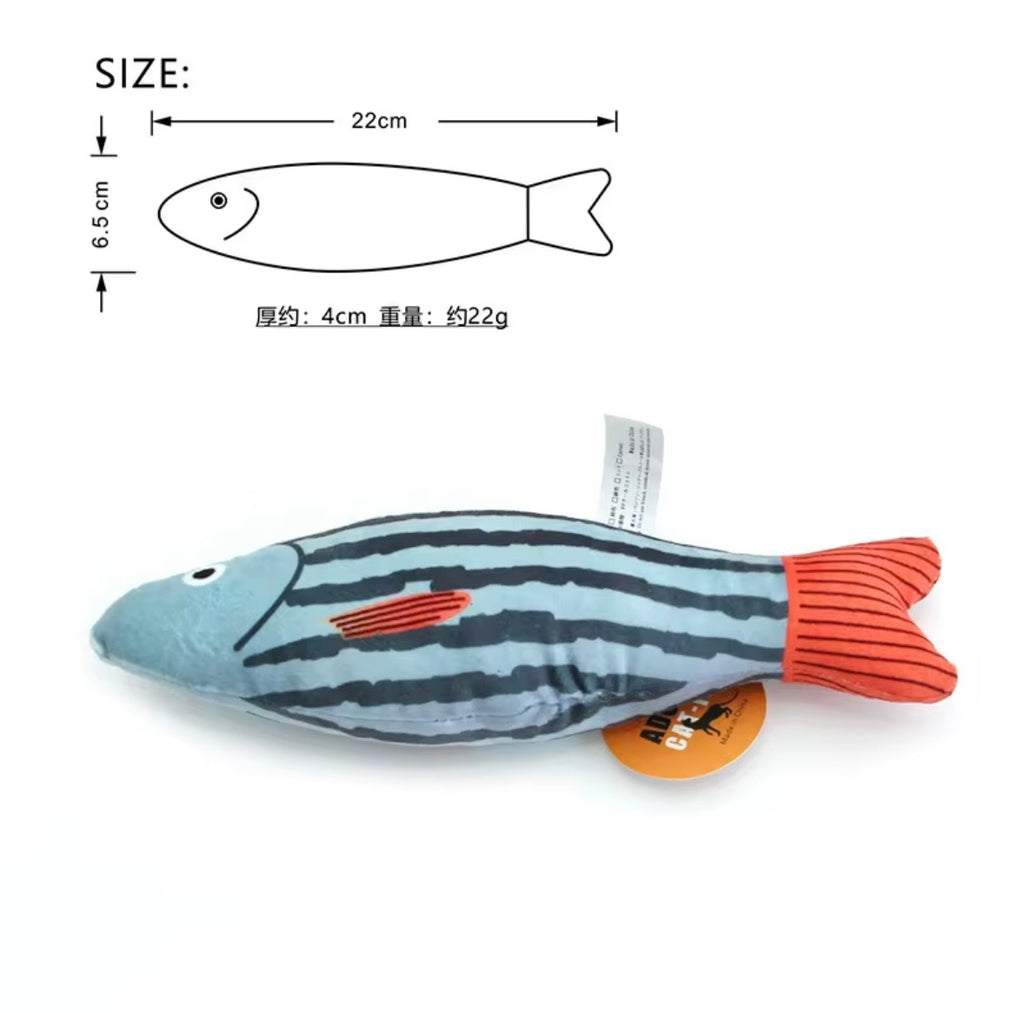 Pawtay catnip-filled plush toy shaped like a striped bass.