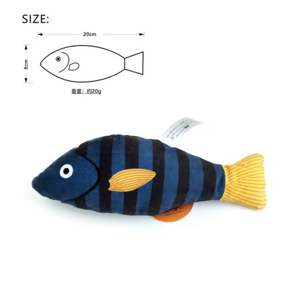 Pawtay catnip-filled plush toy shaped like a striped bass.