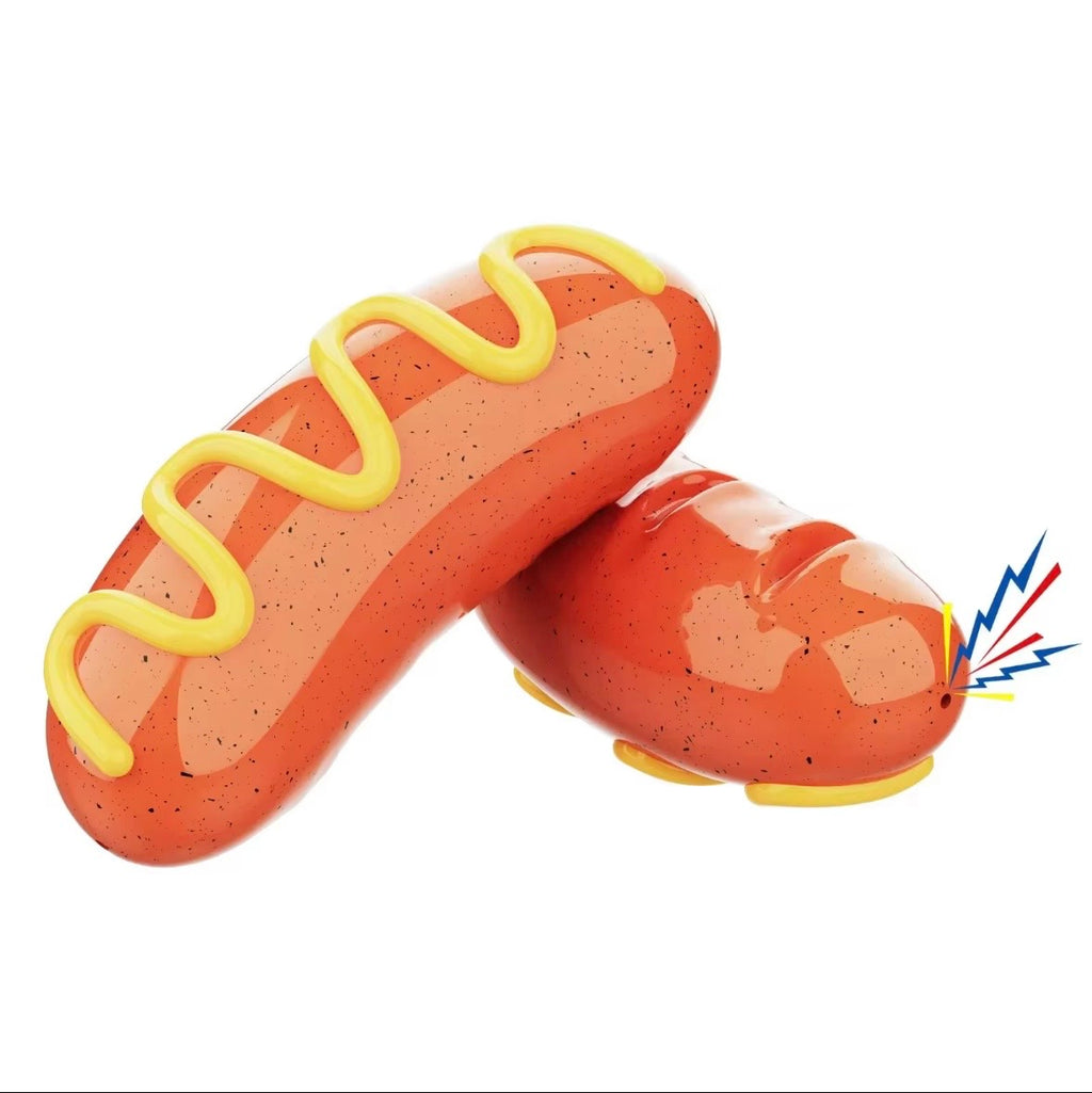 hot dog-shaped squeaky dog toy made from durable rubber.