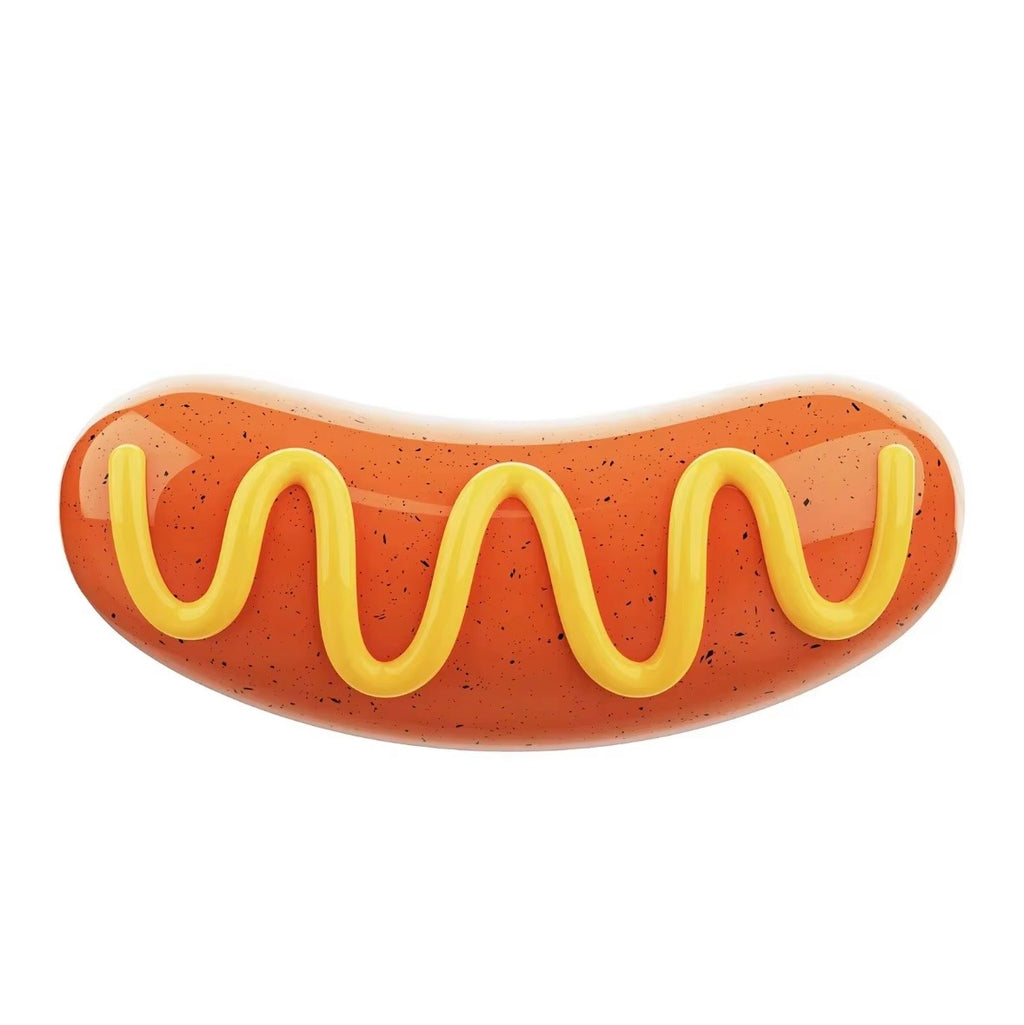 hot dog-shaped squeaky dog toy made from durable rubber.