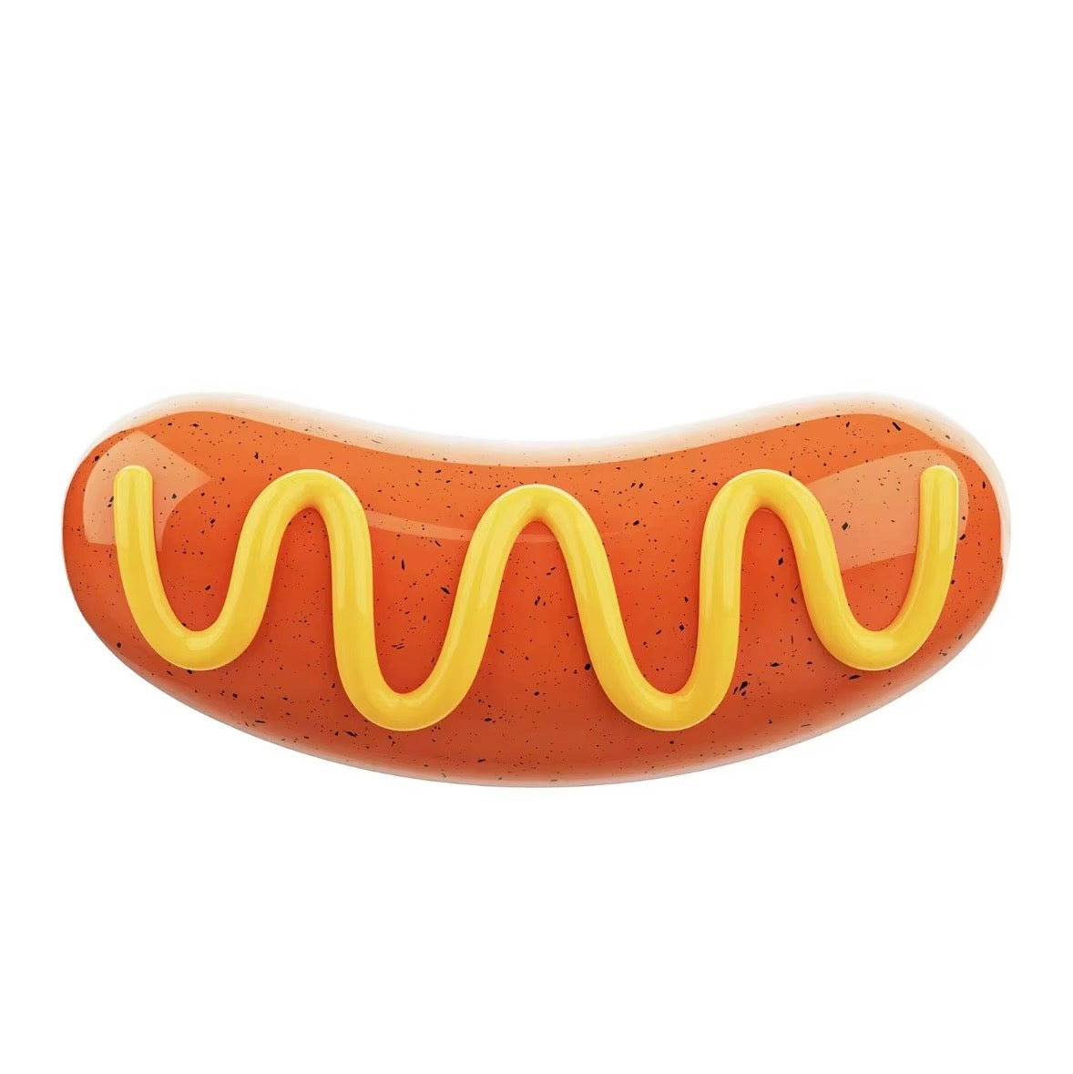 hot dog-shaped squeaky dog toy made from durable rubber.