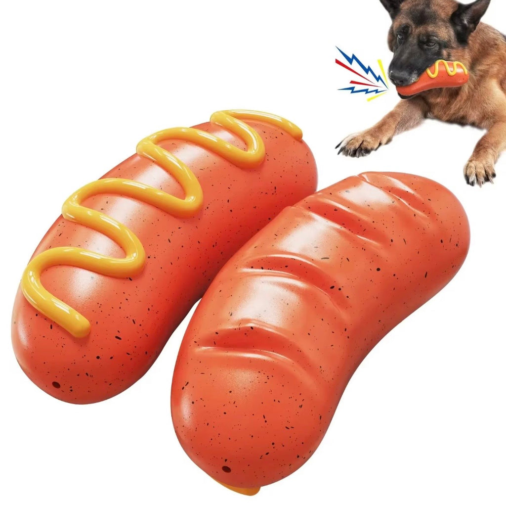 hot dog-shaped squeaky dog toy made from durable rubber.