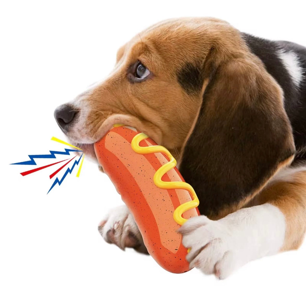 hot dog-shaped squeaky dog toy made from durable rubber.
