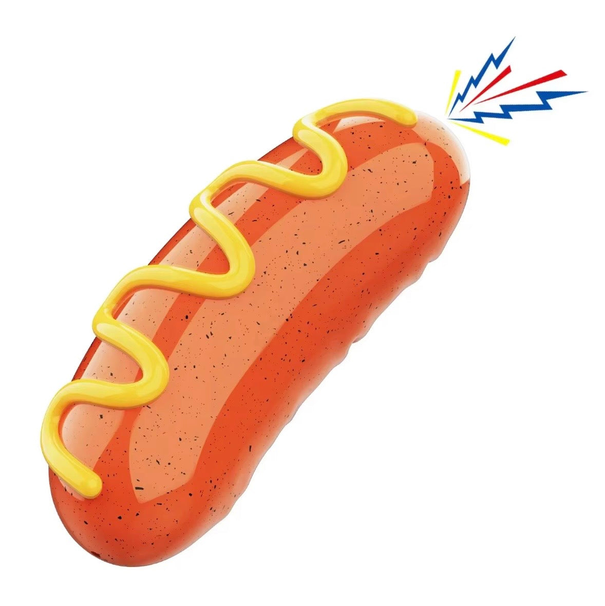hot dog-shaped squeaky dog toy made from durable rubber.