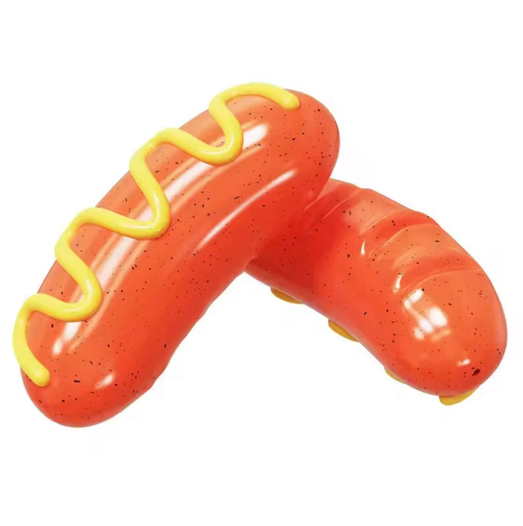 hot dog-shaped squeaky dog toy made from durable rubber.