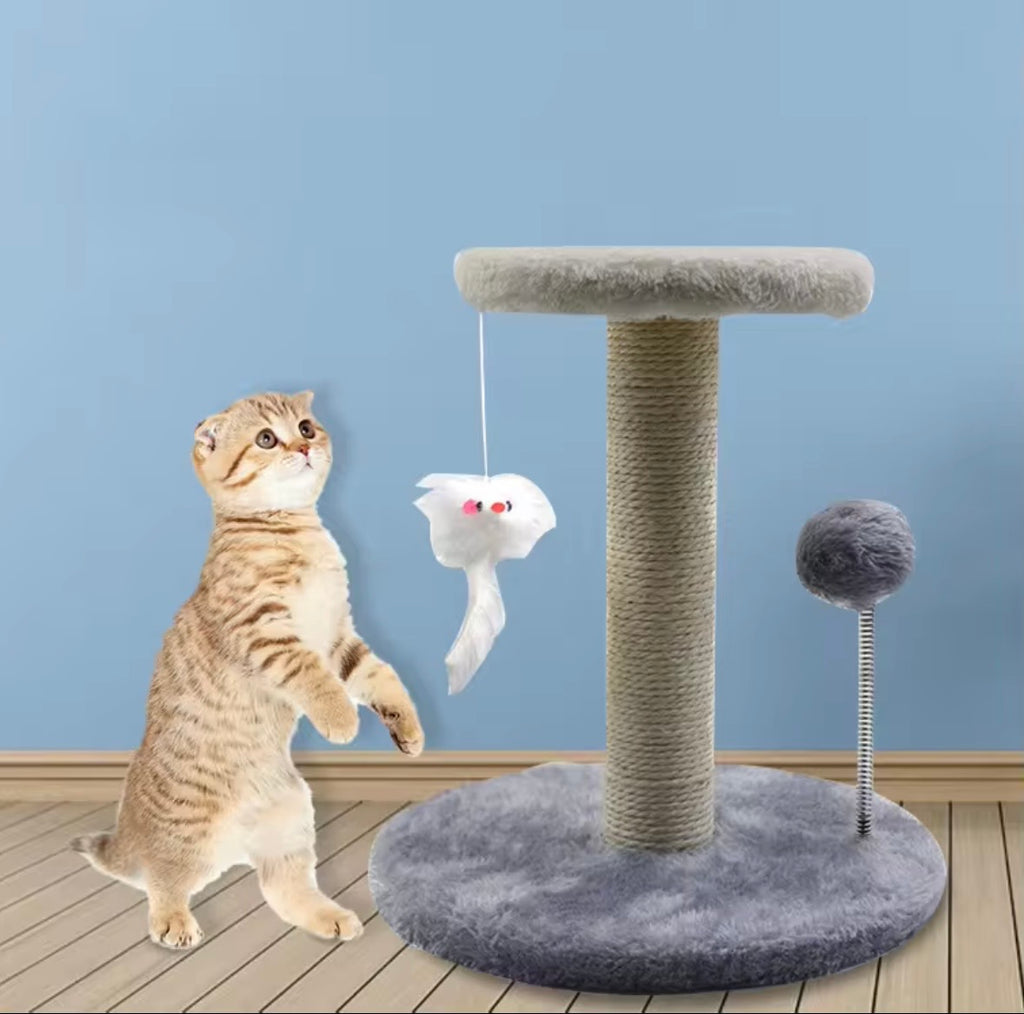 ed sisal-covered cat scratching post featuring a plush base and top platform