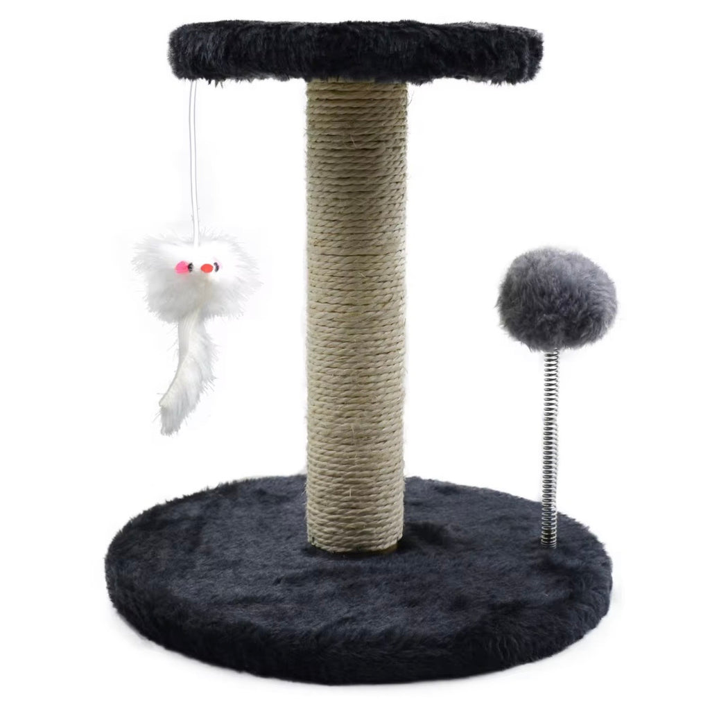 ed sisal-covered cat scratching post featuring a plush base and top platform