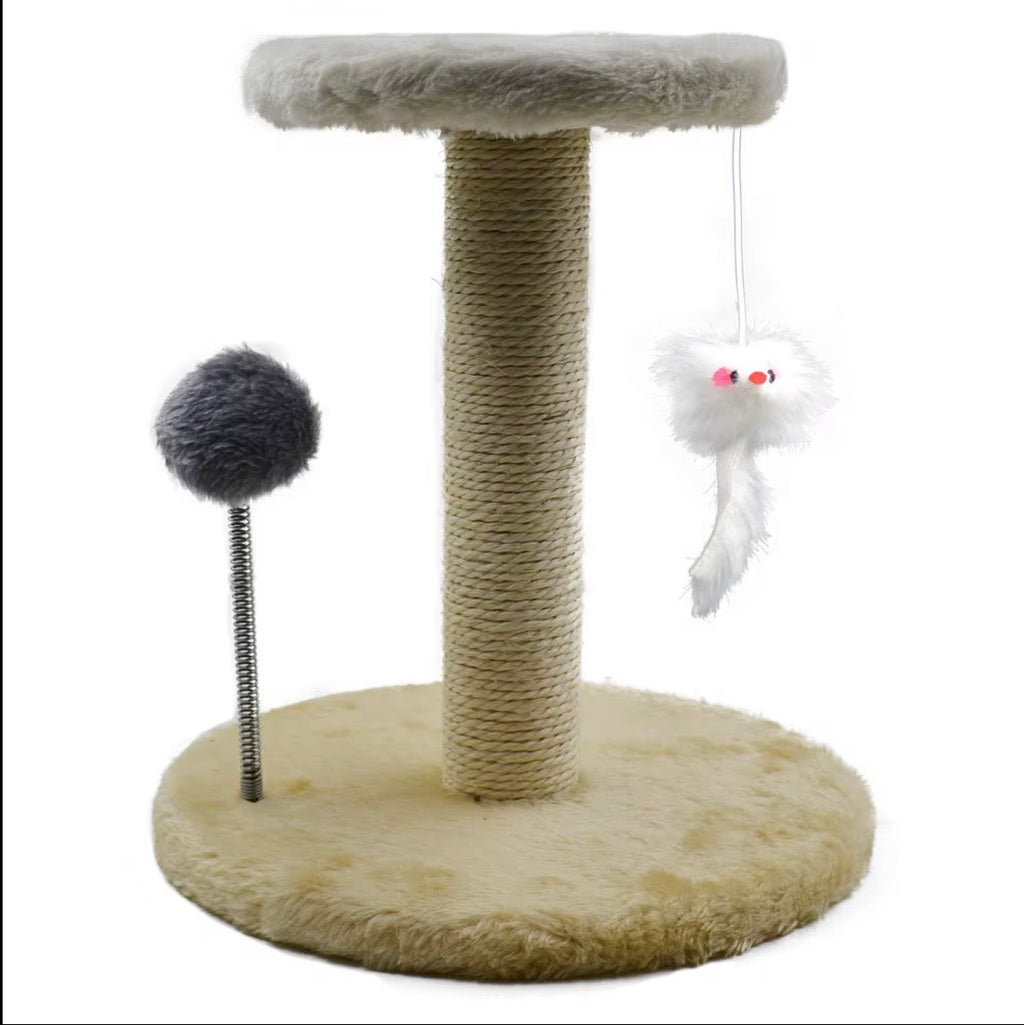 ed sisal-covered cat scratching post featuring a plush base and top platform