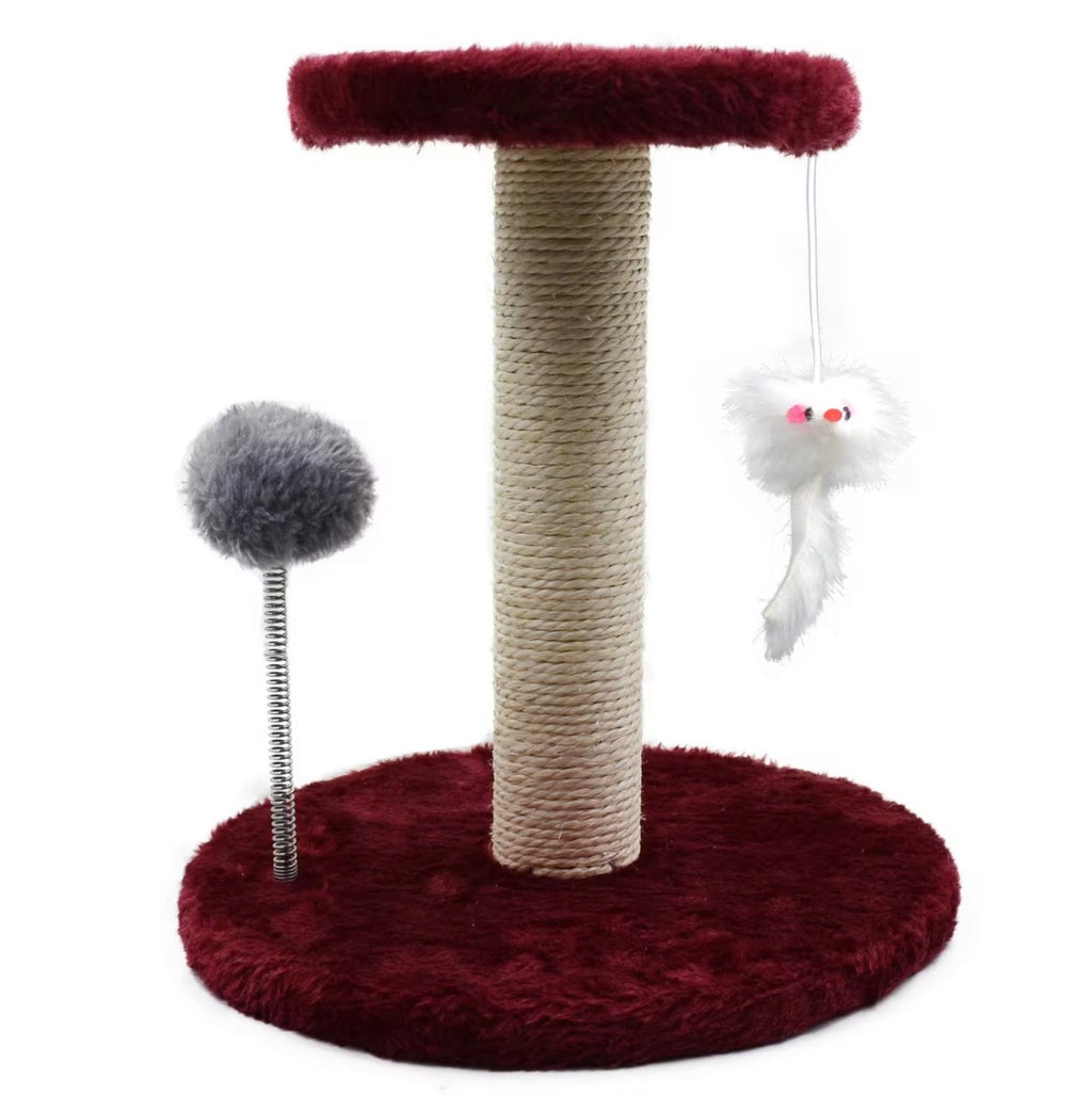 ed sisal-covered cat scratching post featuring a plush base and top platform