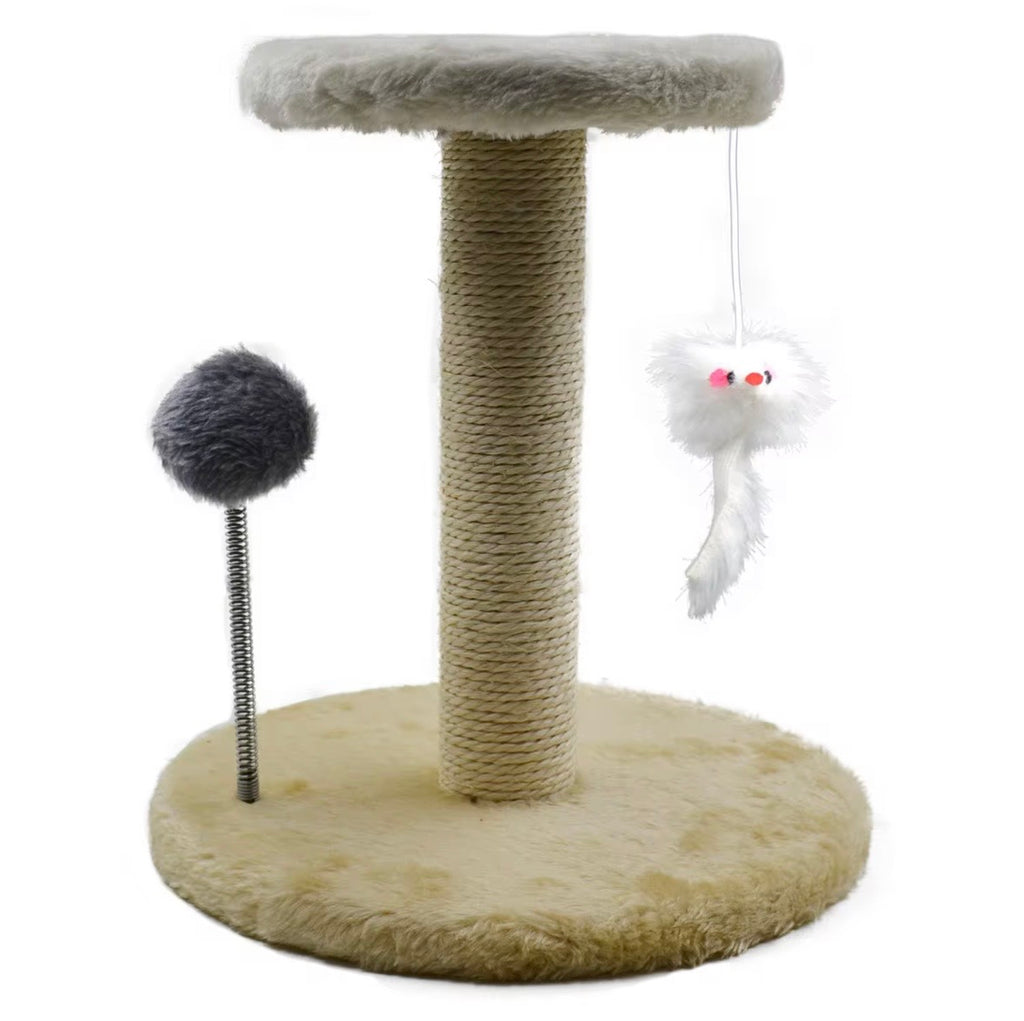 ed sisal-covered cat scratching post featuring a plush base and top platform