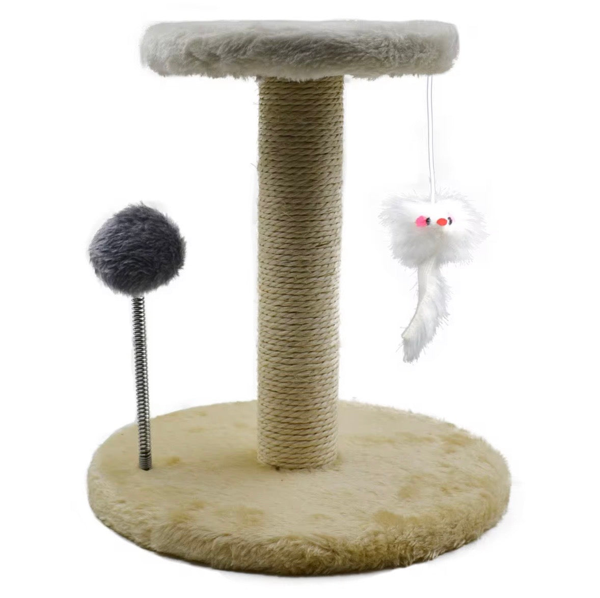 ed sisal-covered cat scratching post featuring a plush base and top platform