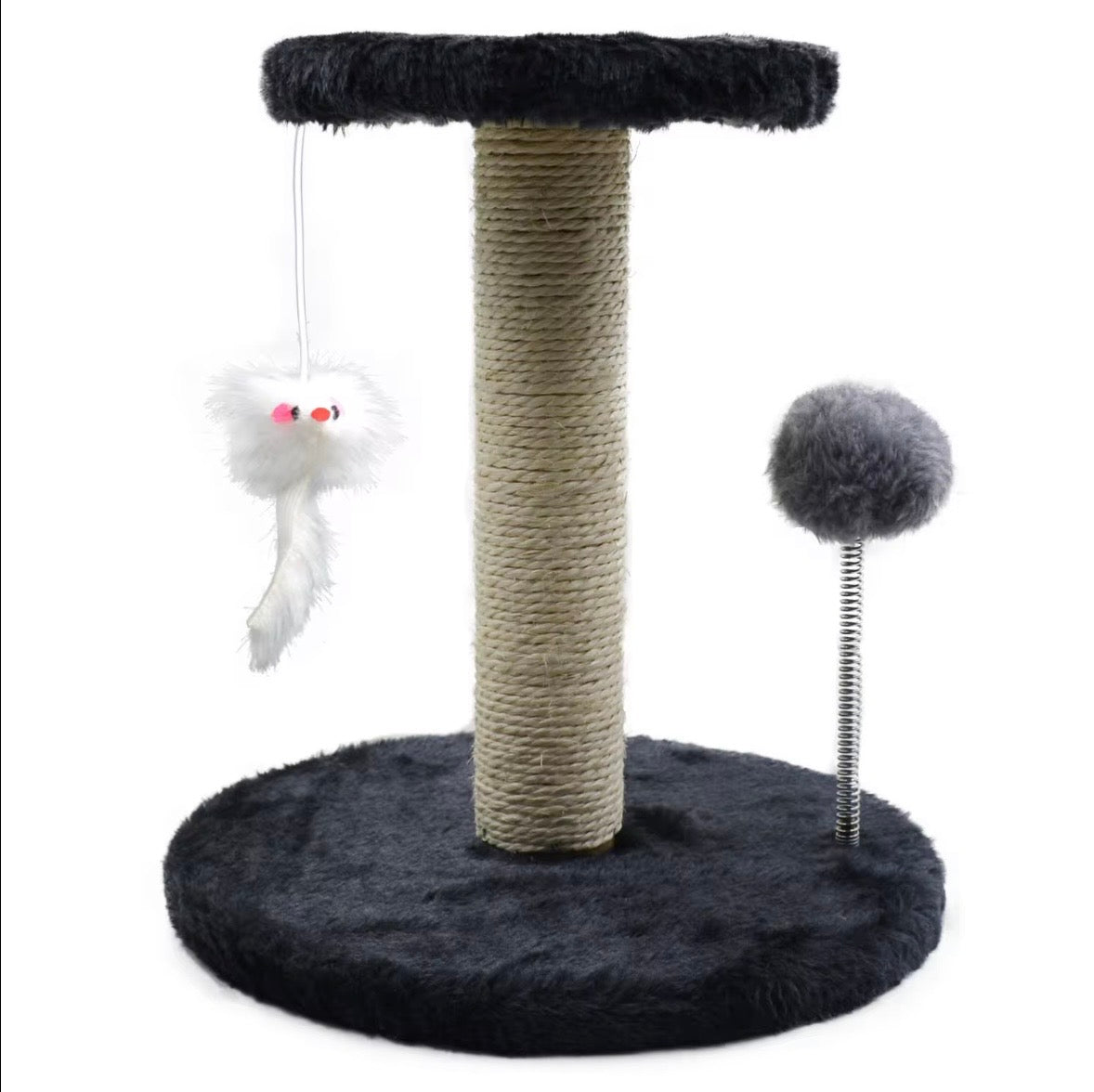 ed sisal-covered cat scratching post featuring a plush base and top platform