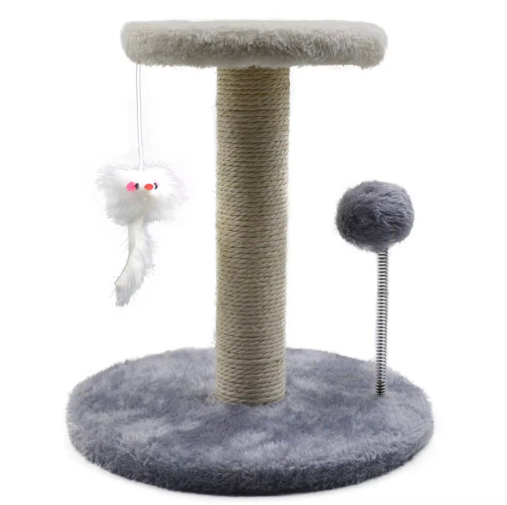 ed sisal-covered cat scratching post featuring a plush base and top platform