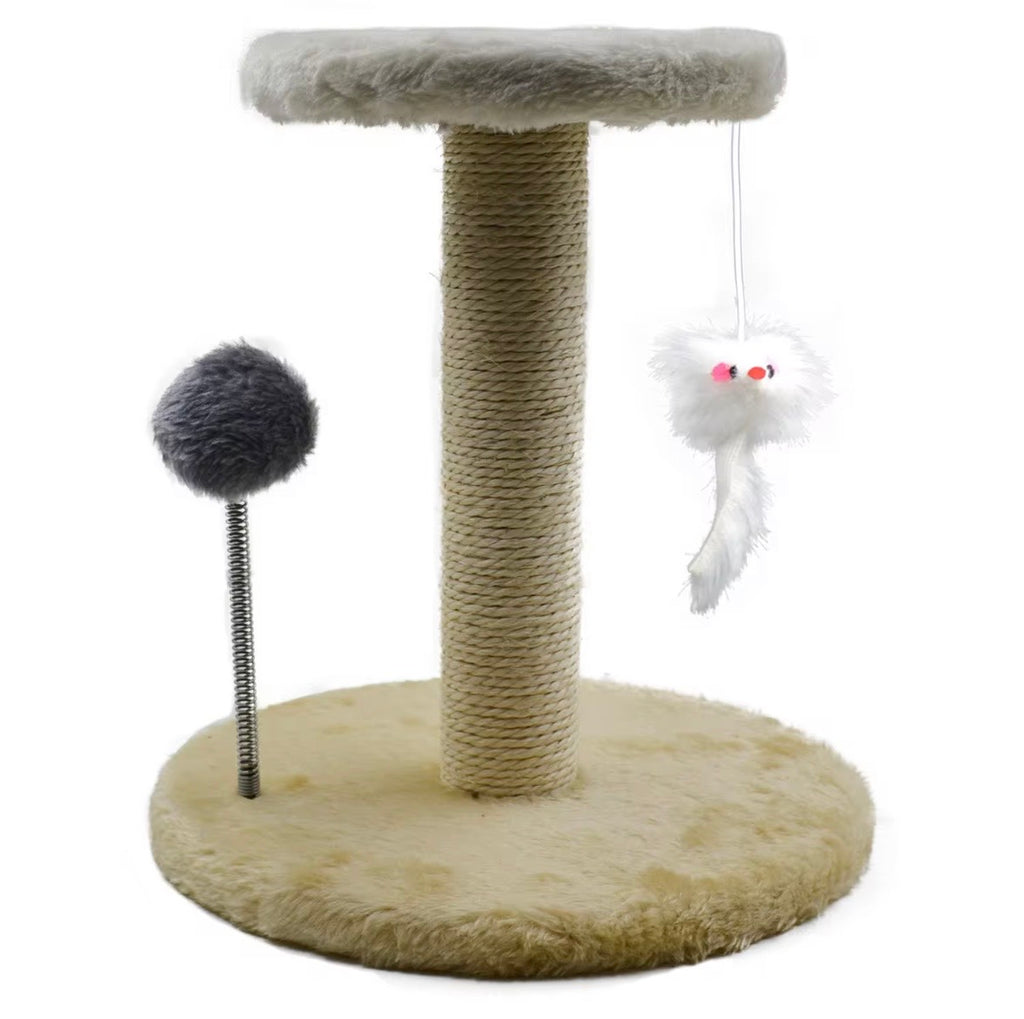 ed sisal-covered cat scratching post featuring a plush base and top platform
