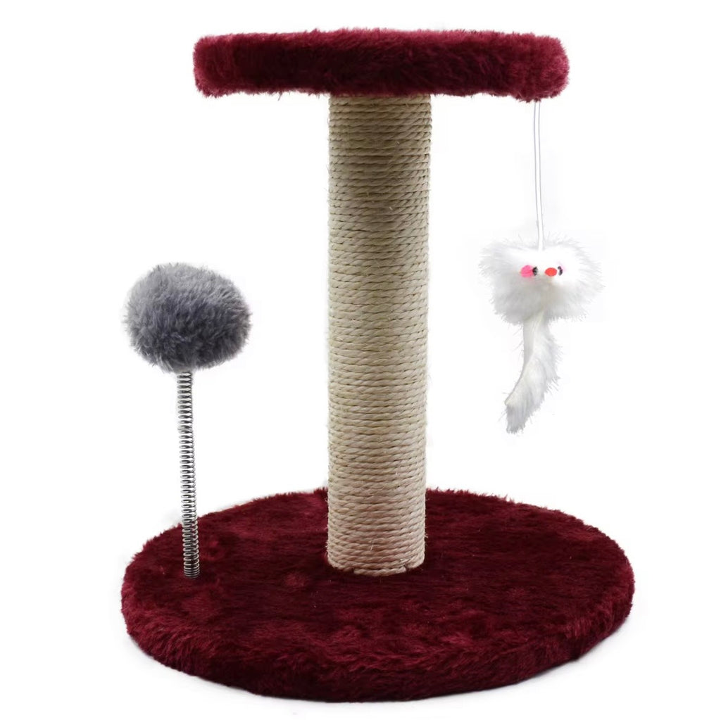 ed sisal-covered cat scratching post featuring a plush base and top platform