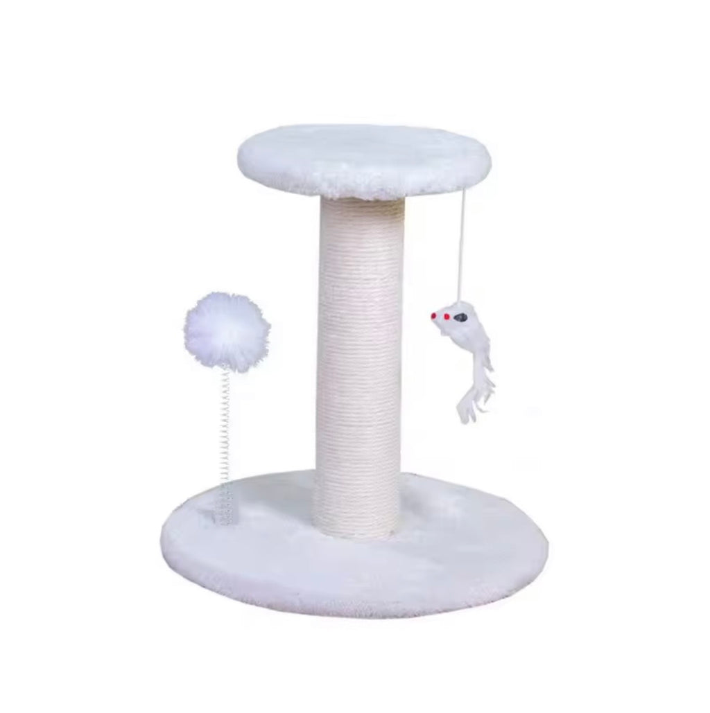 ed sisal-covered cat scratching post featuring a plush base and top platform