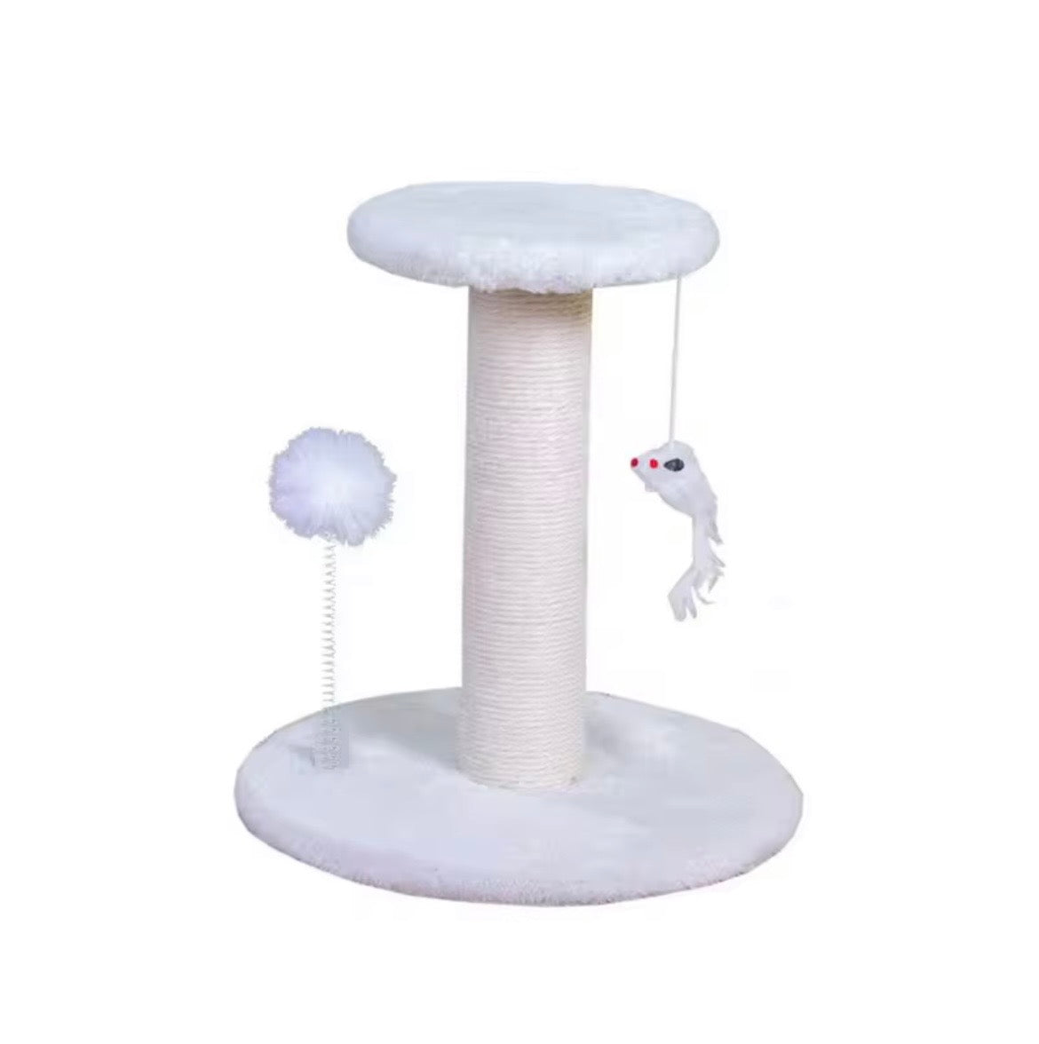 ed sisal-covered cat scratching post featuring a plush base and top platform