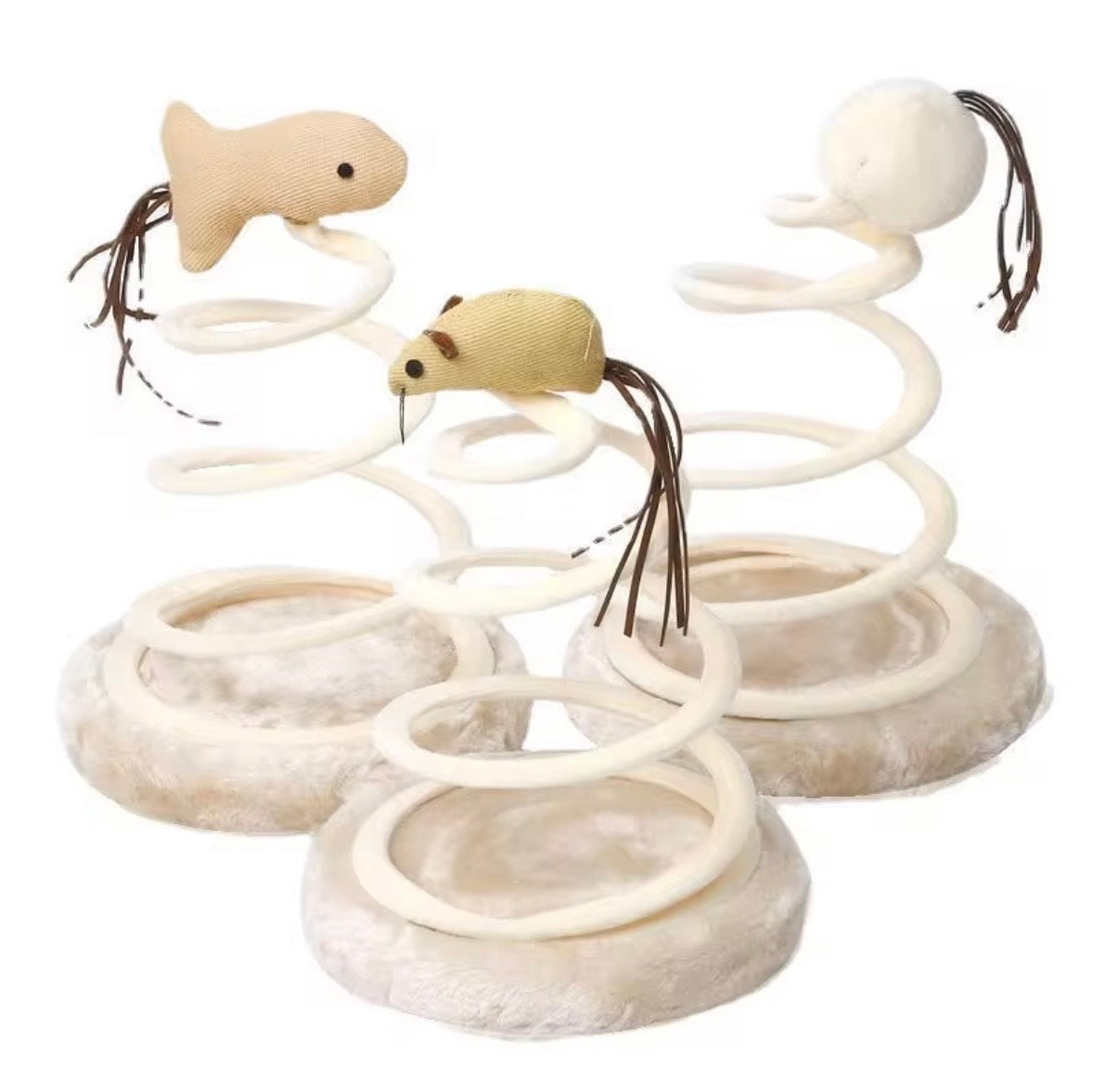 interactive cat teaser toys featuring a linen or fabric mouse, fish, or ball attached to a bouncy metal spring coil with a plush base