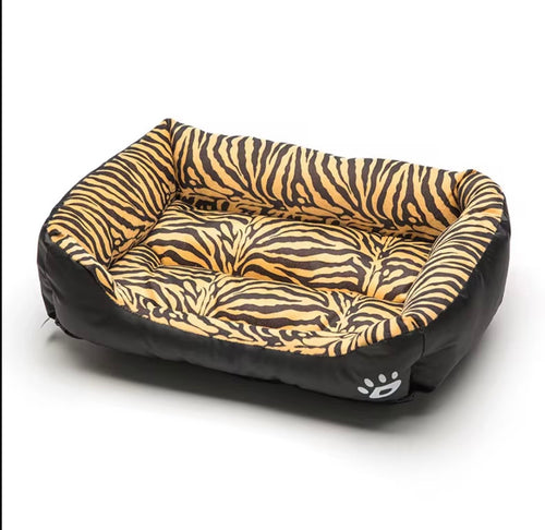 a tiger print pet sofa with a raised edge for comfort