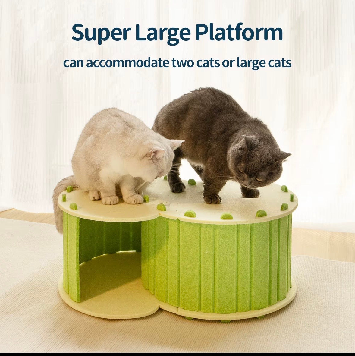 green felt cat tunnel bed featuring a detachable, two-layer design for playing and resting.