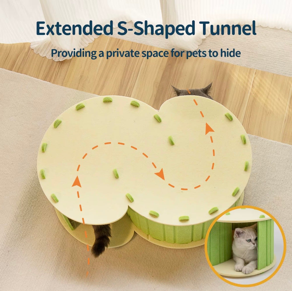 green felt cat tunnel bed featuring a detachable, two-layer design for playing and resting.