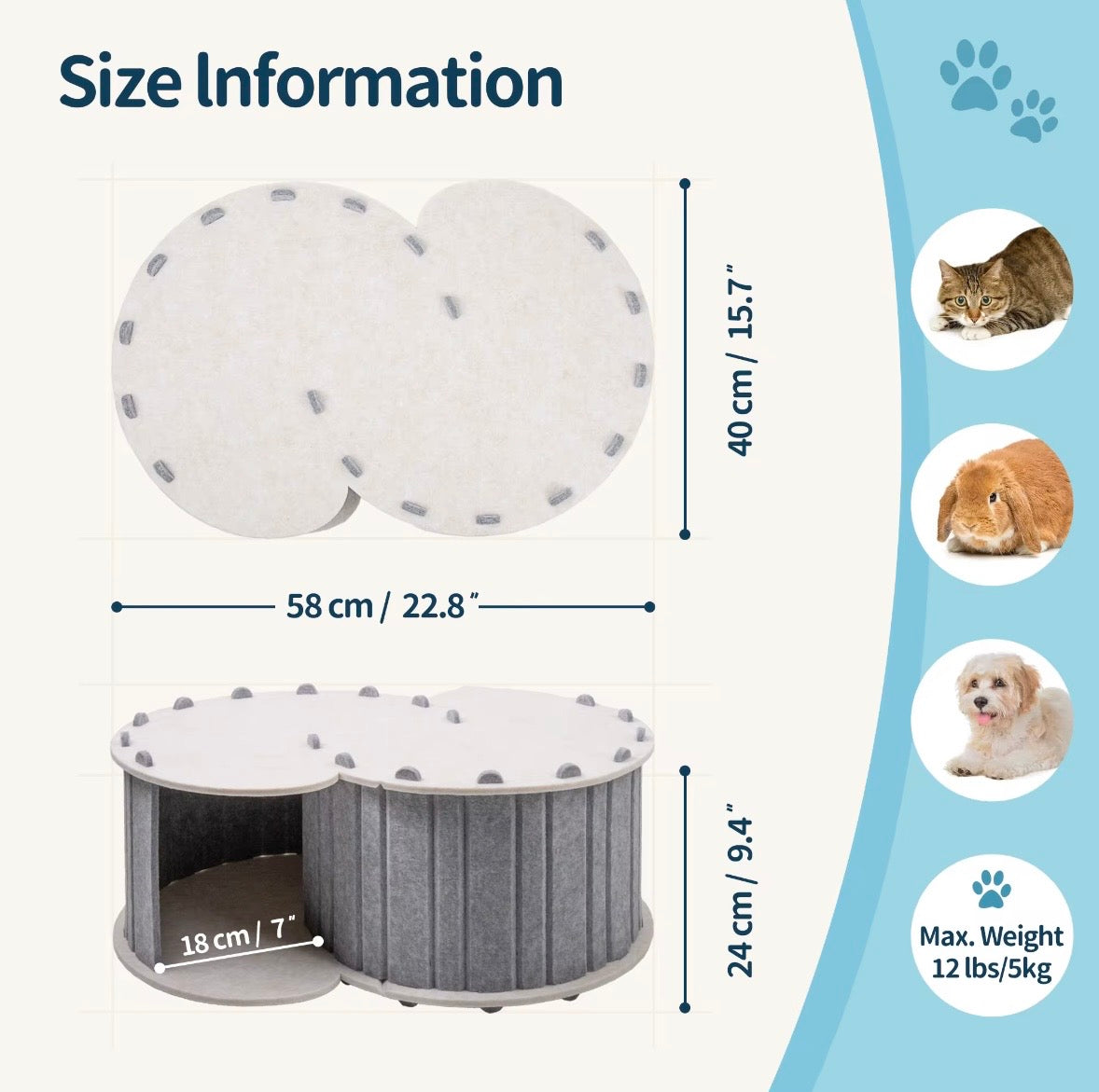 green felt cat tunnel bed featuring a detachable, two-layer design for playing and resting.