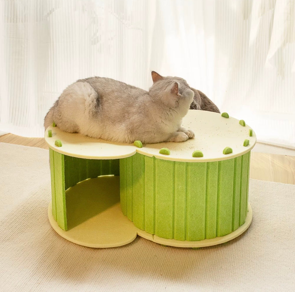 green felt cat tunnel bed featuring a detachable, two-layer design for playing and resting.